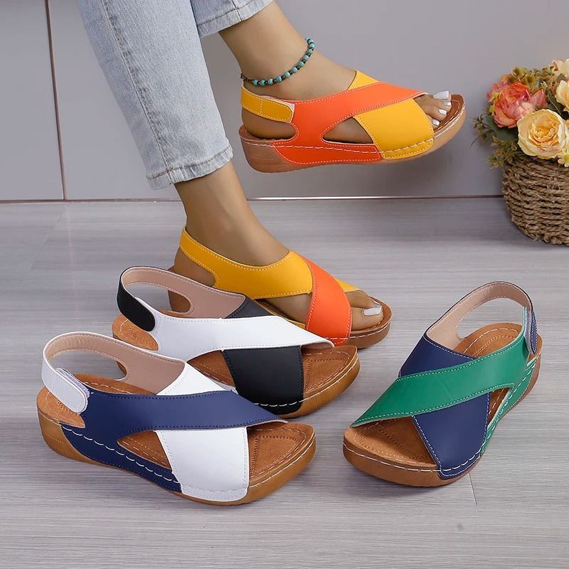 Women Contrast Color Peep Toe Platform Wedge Sandals Non Slip Summer Comfort Shoes 5