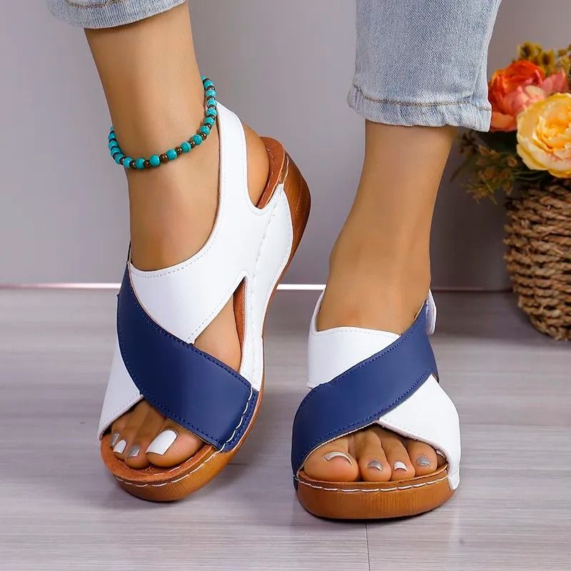 Women Contrast Color Peep Toe Platform Wedge Sandals Non Slip Summer Comfort Shoes 6
