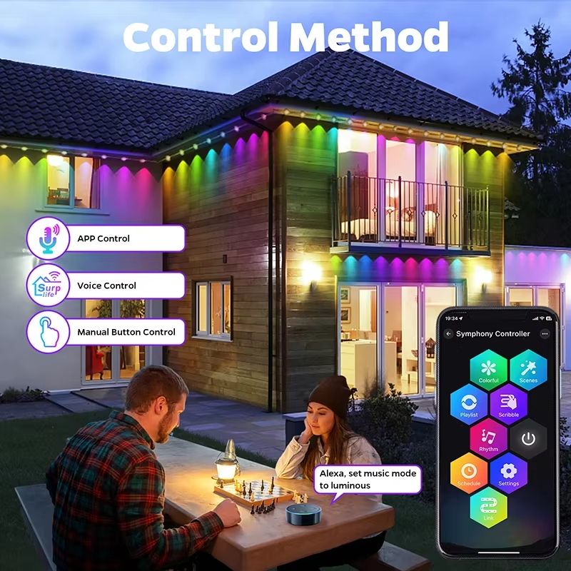100 FT Waterproof RGB Outdoor Eaves String Lights Bluetooth App Control 1