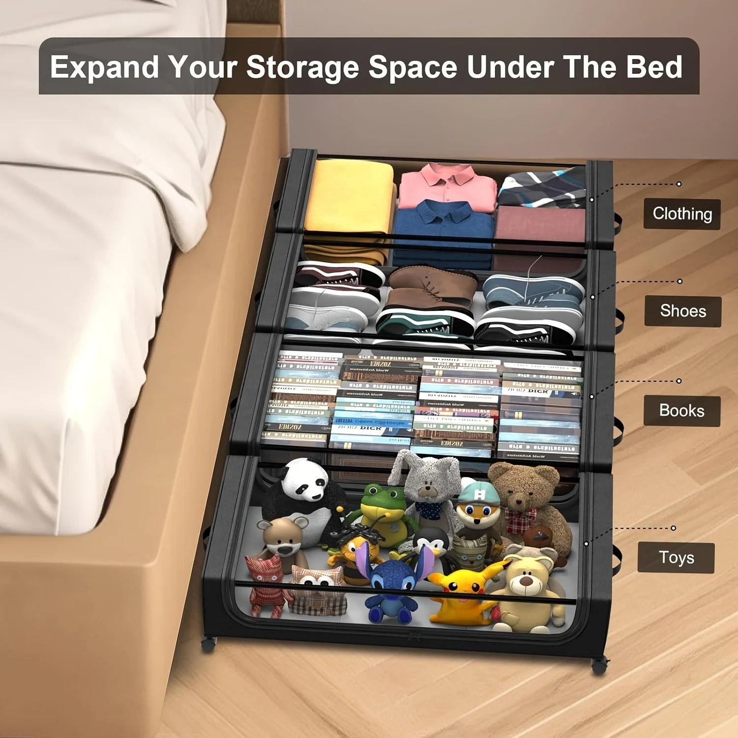 Underbed Storage Container With Lid And Wheels Pull Out Shoe And Clothing Organizer 2
