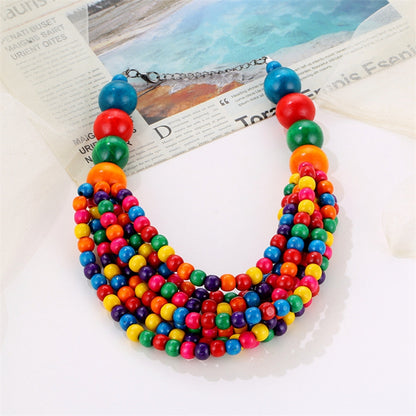 African Style Multi-Layer Wooden Bead Necklace, Handmade Beaded Bib Choker for Women, Summer Jewelry Accessories
