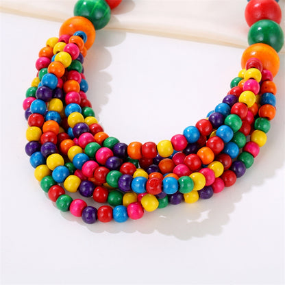 African Style Multi-Layer Wooden Bead Necklace, Handmade Beaded Bib Choker for Women, Summer Jewelry Accessories