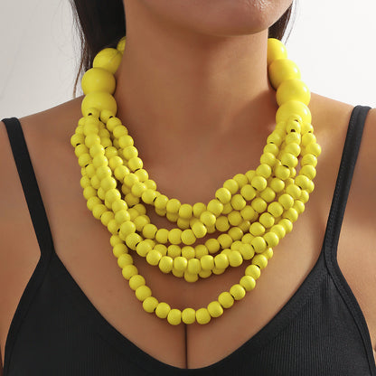 African Style Multi-Layer Wooden Bead Necklace, Handmade Beaded Bib Choker for Women, Summer Jewelry Accessories