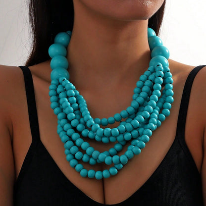 African Style Multi-Layer Wooden Bead Necklace, Handmade Beaded Bib Choker for Women, Summer Jewelry Accessories