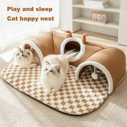 Plush Reindeer Cat Tunnel Bed Integrated Playhouse for Sleeping and Playing