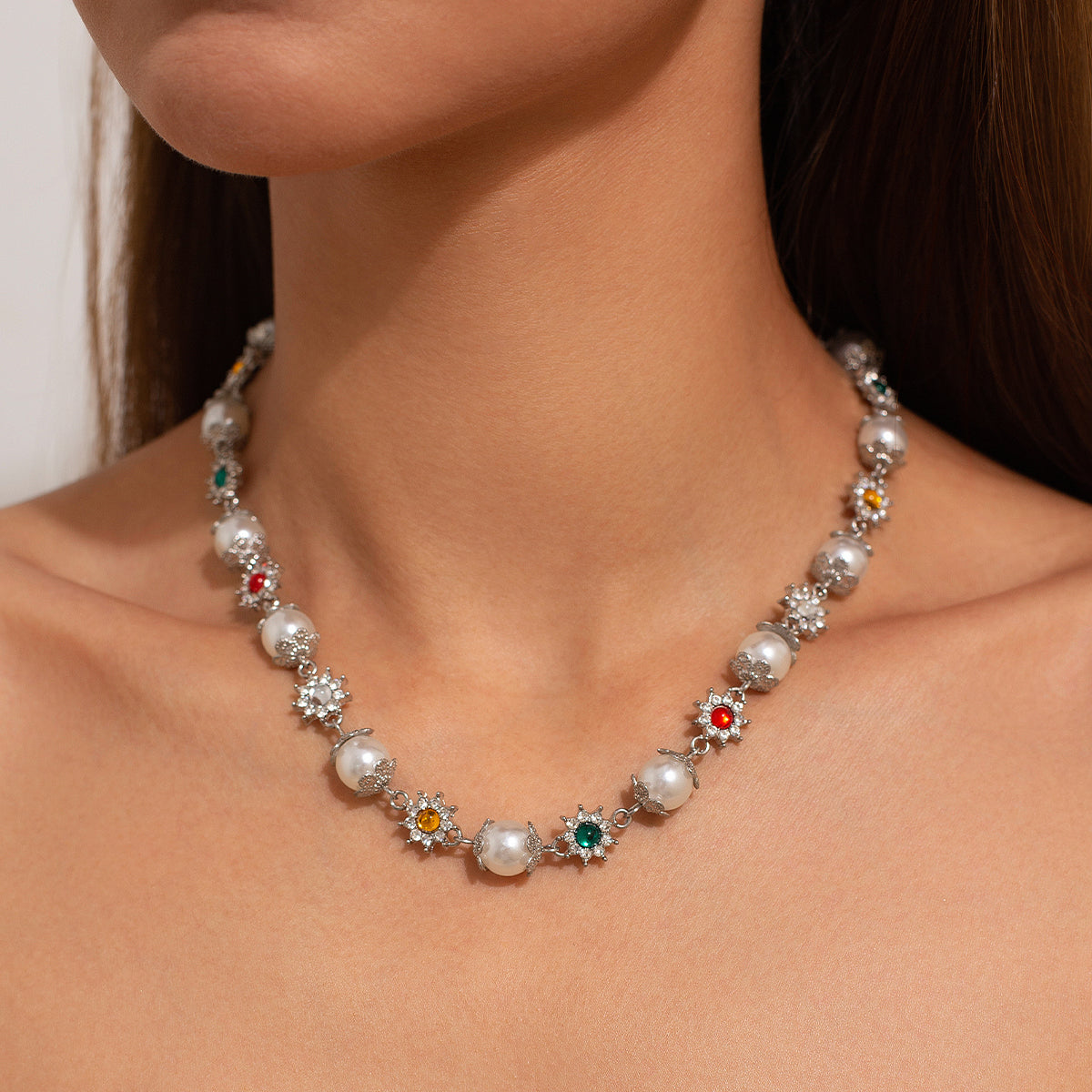SHIXIN Luxury Imitation Pearl Beads Choker Necklace, Elegant Rhinestone Collar Chain for Women, Bridal Wedding Jewelry