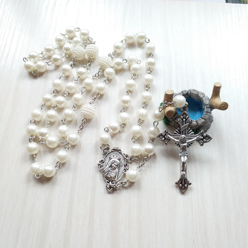 Elegant QIGO White Acrylic Pearl Rosary Necklace, Long Catholic Cross Pendant Religious Jewelry for Devotional Wear