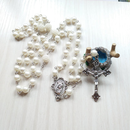Elegant QIGO White Acrylic Pearl Rosary Necklace, Long Catholic Cross Pendant Religious Jewelry for Devotional Wear