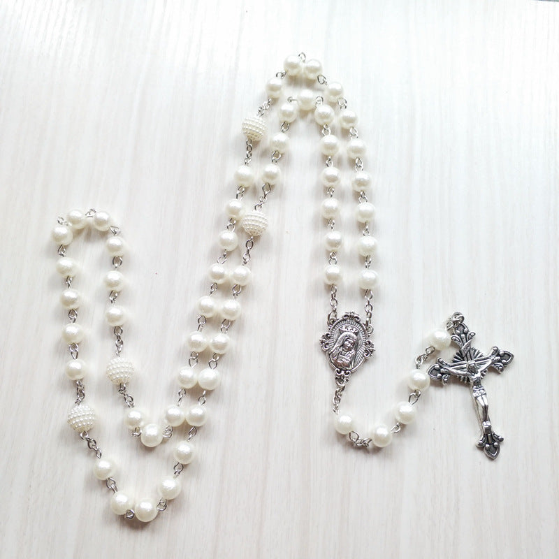 Elegant QIGO White Acrylic Pearl Rosary Necklace, Long Catholic Cross Pendant Religious Jewelry for Devotional Wear