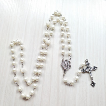 Elegant QIGO White Acrylic Pearl Rosary Necklace, Long Catholic Cross Pendant Religious Jewelry for Devotional Wear