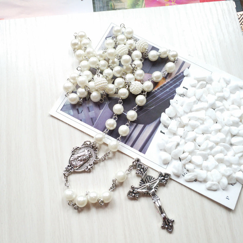 Elegant QIGO White Acrylic Pearl Rosary Necklace, Long Catholic Cross Pendant Religious Jewelry for Devotional Wear