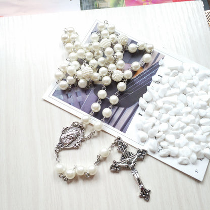 Elegant QIGO White Acrylic Pearl Rosary Necklace, Long Catholic Cross Pendant Religious Jewelry for Devotional Wear