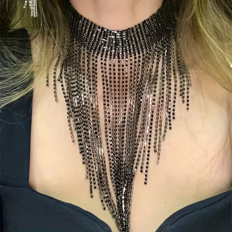 Luxurious Rhinestone Tassel Necklace, Fashionable & Elegant Womens Long Necklace for Party & Evening Dress Accessories