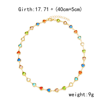 Colorful Crystal Heart Choker Necklace for Women, Zircon Charm Metal Chain Necklace, Elegant Party Birthday Jewelry Gift