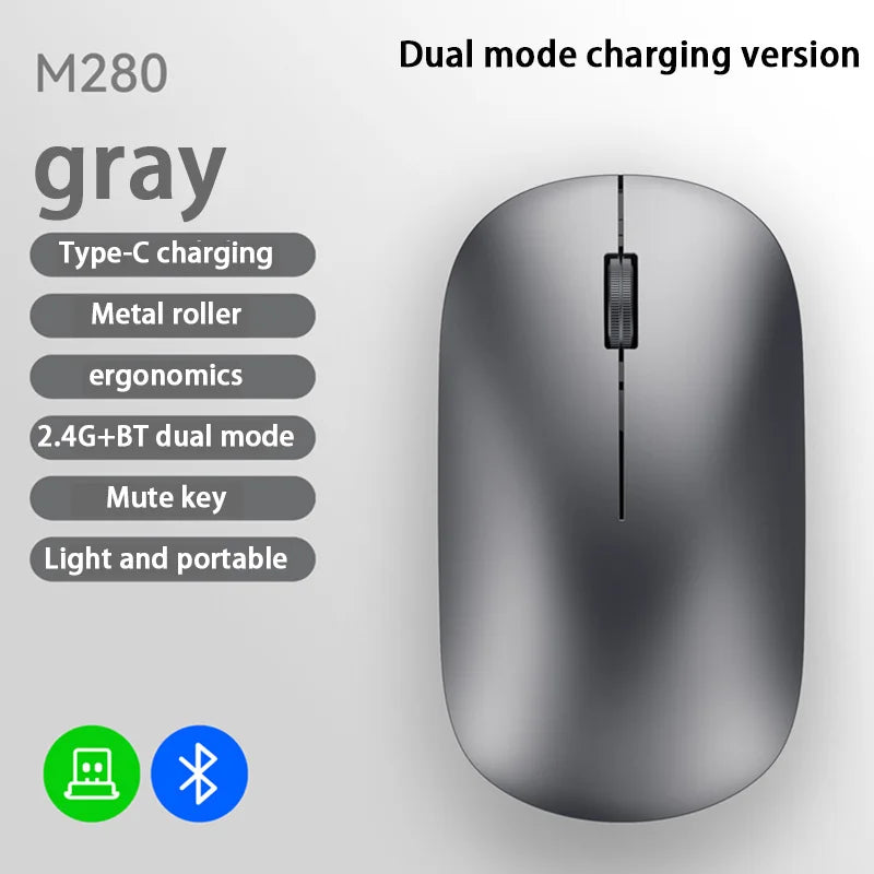 DPI Adjustable Wireless Bluetooth Mouse Dual Mode, 2.4G Type-C Rechargeable, Silent Ergonomic Portable Mouse