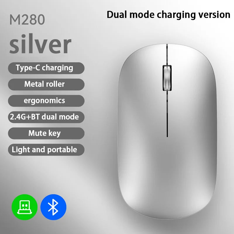 DPI Adjustable Wireless Bluetooth Mouse Dual Mode, 2.4G Type-C Rechargeable, Silent Ergonomic Portable Mouse