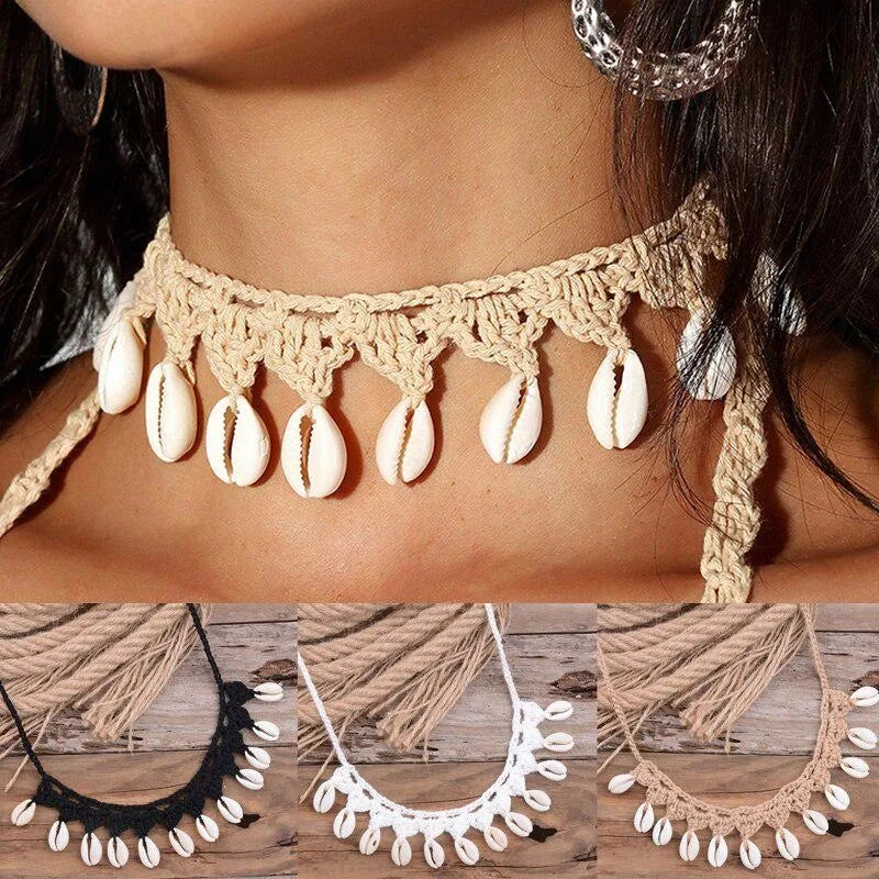 Bohemian Shells Necklace for Women, Handmade Woven Rope Chain Choker, Summer Beach Beaded Jewelry