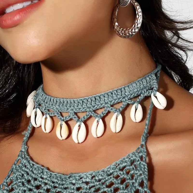 Bohemian Shells Necklace for Women, Handmade Woven Rope Chain Choker, Summer Beach Beaded Jewelry