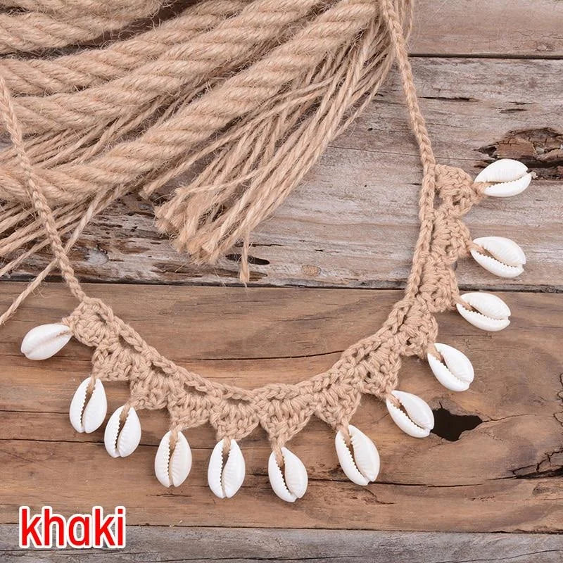 Bohemian Shells Necklace for Women, Handmade Woven Rope Chain Choker, Summer Beach Beaded Jewelry