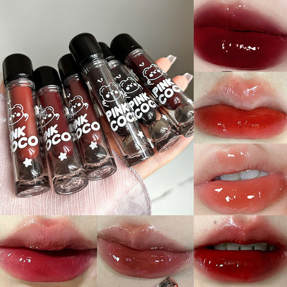 Bear Doodle Mirror Lip Glaze, Long Lasting Shiny Lip Gloss, Student Friendly, Skin Brightening Nude, Hydrating Shine