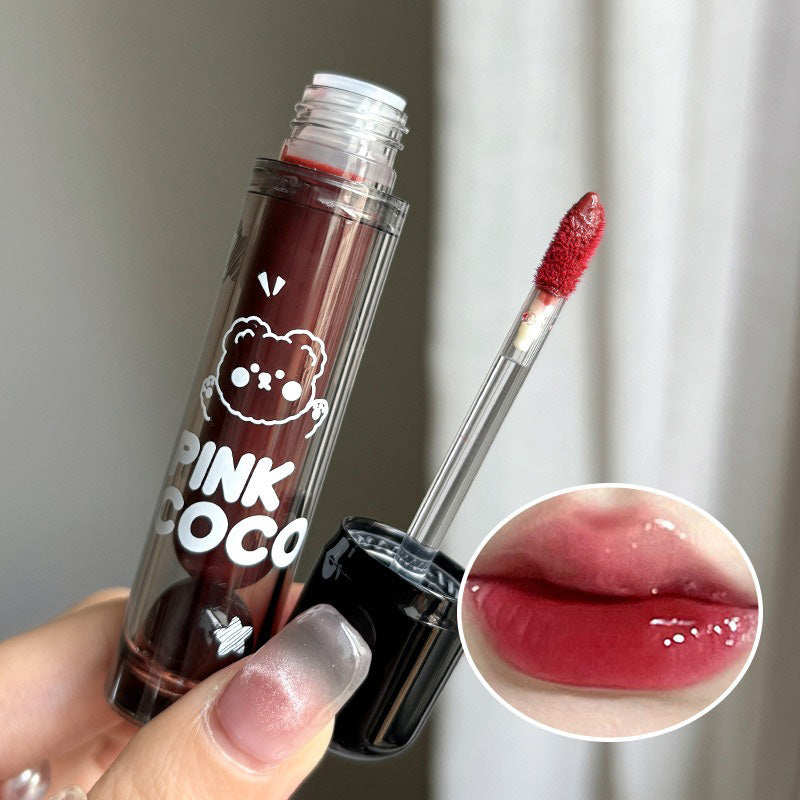 Bear Doodle Mirror Lip Glaze, Long Lasting Shiny Lip Gloss, Student Friendly, Skin Brightening Nude, Hydrating Shine