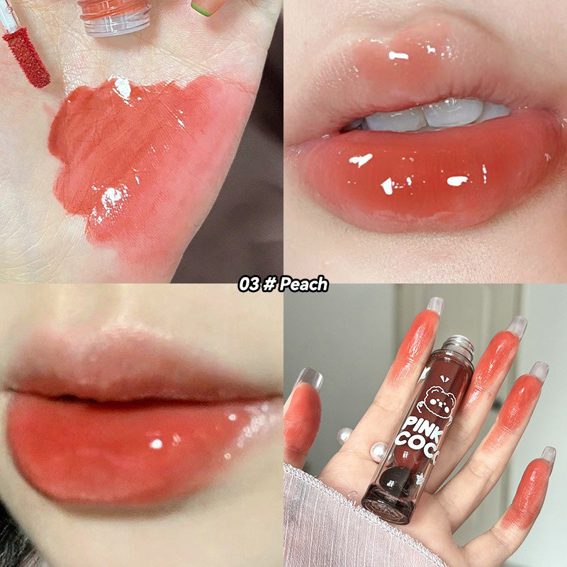 Bear Doodle Mirror Lip Glaze, Long Lasting Shiny Lip Gloss, Student Friendly, Skin Brightening Nude, Hydrating Shine