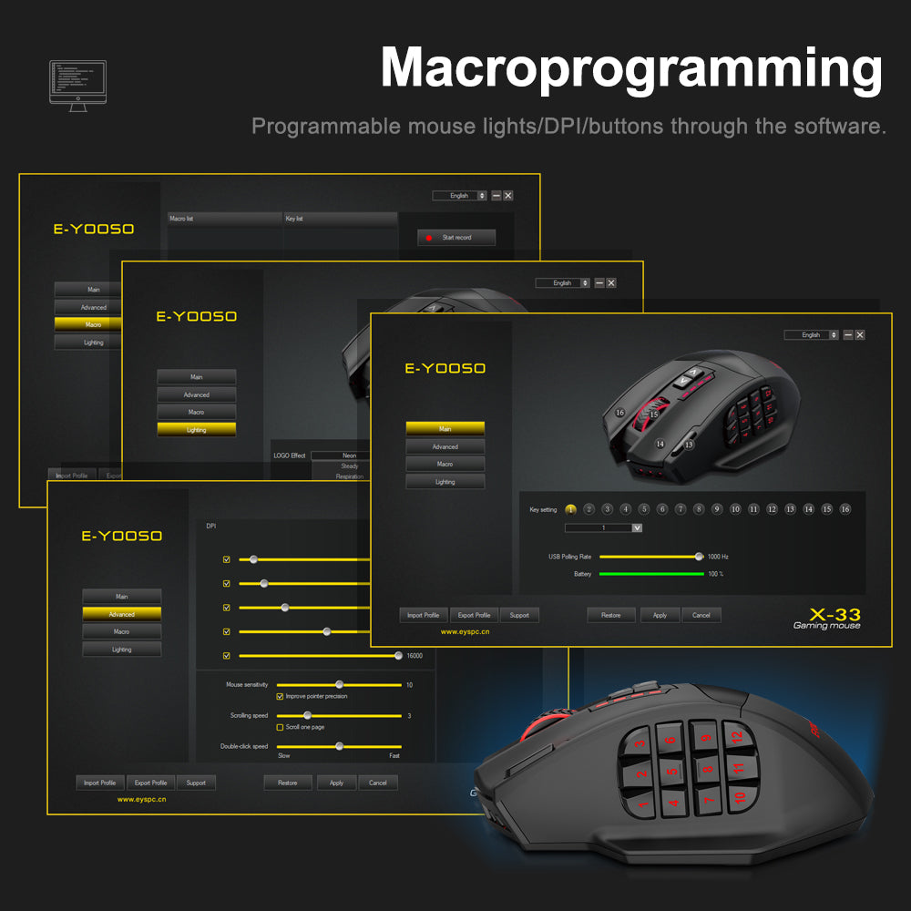 RGB Wireless Gaming Mouse 16000 DPI USB 2.4G, 16 Programmable Buttons, Optical Game Mice for Laptop PC
