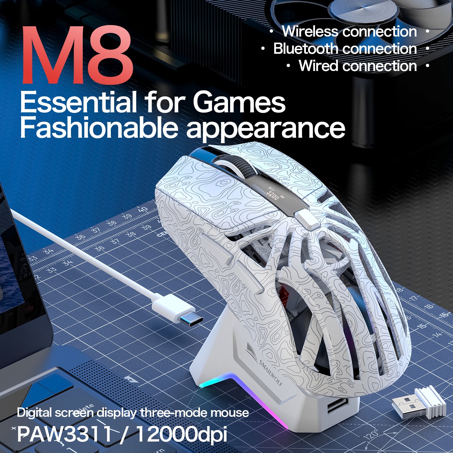 M8 Bluetooth Wireless E-Sports Gaming Mouse, Macro Programming, Lightweight Three Mode Connection