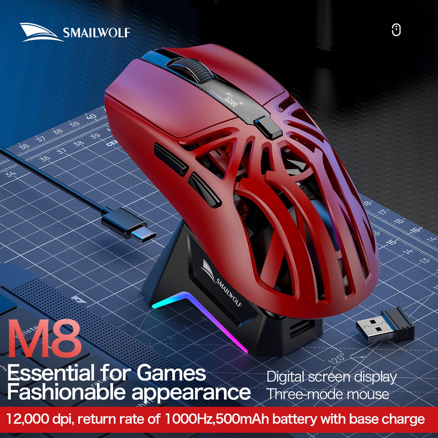 M8 Bluetooth Wireless E-Sports Gaming Mouse, Macro Programming, Lightweight Three Mode Connection