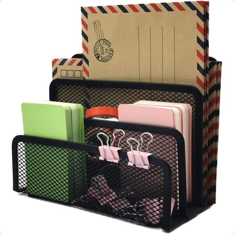 Black Metal Iron Mesh Desk Organizer, Stylish Letter Tray Holder for Paper, Magazine, Book & Office Supplies Grid Tray