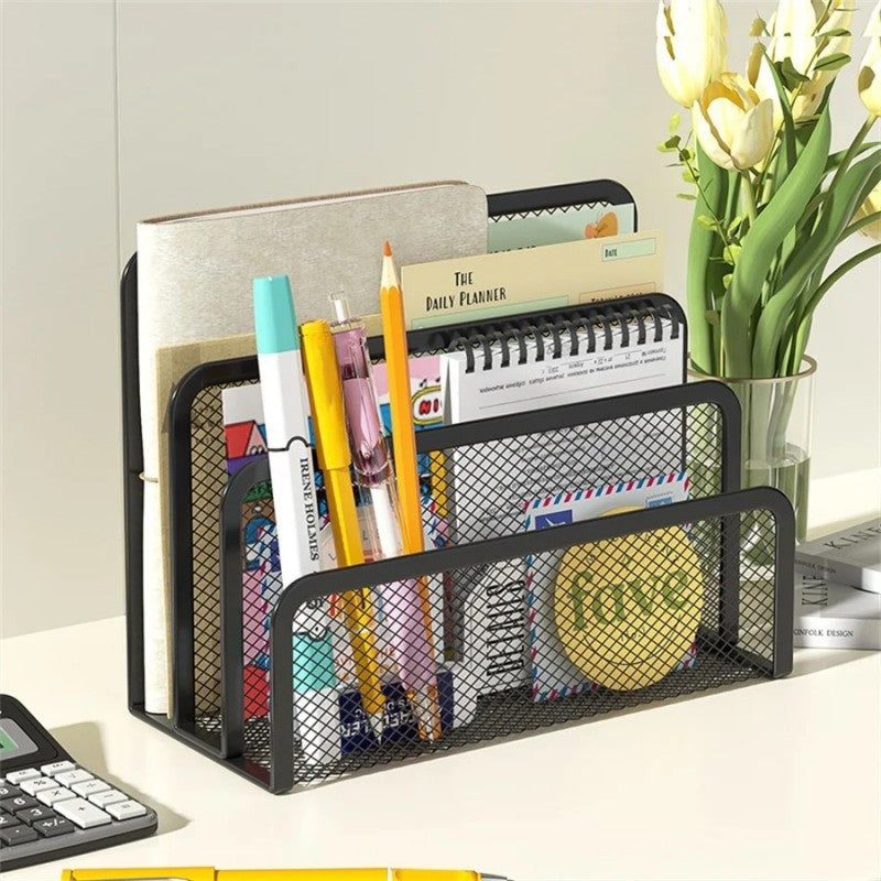 Black Metal Iron Mesh Desk Organizer, Stylish Letter Tray Holder for Paper, Magazine, Book & Office Supplies Grid Tray