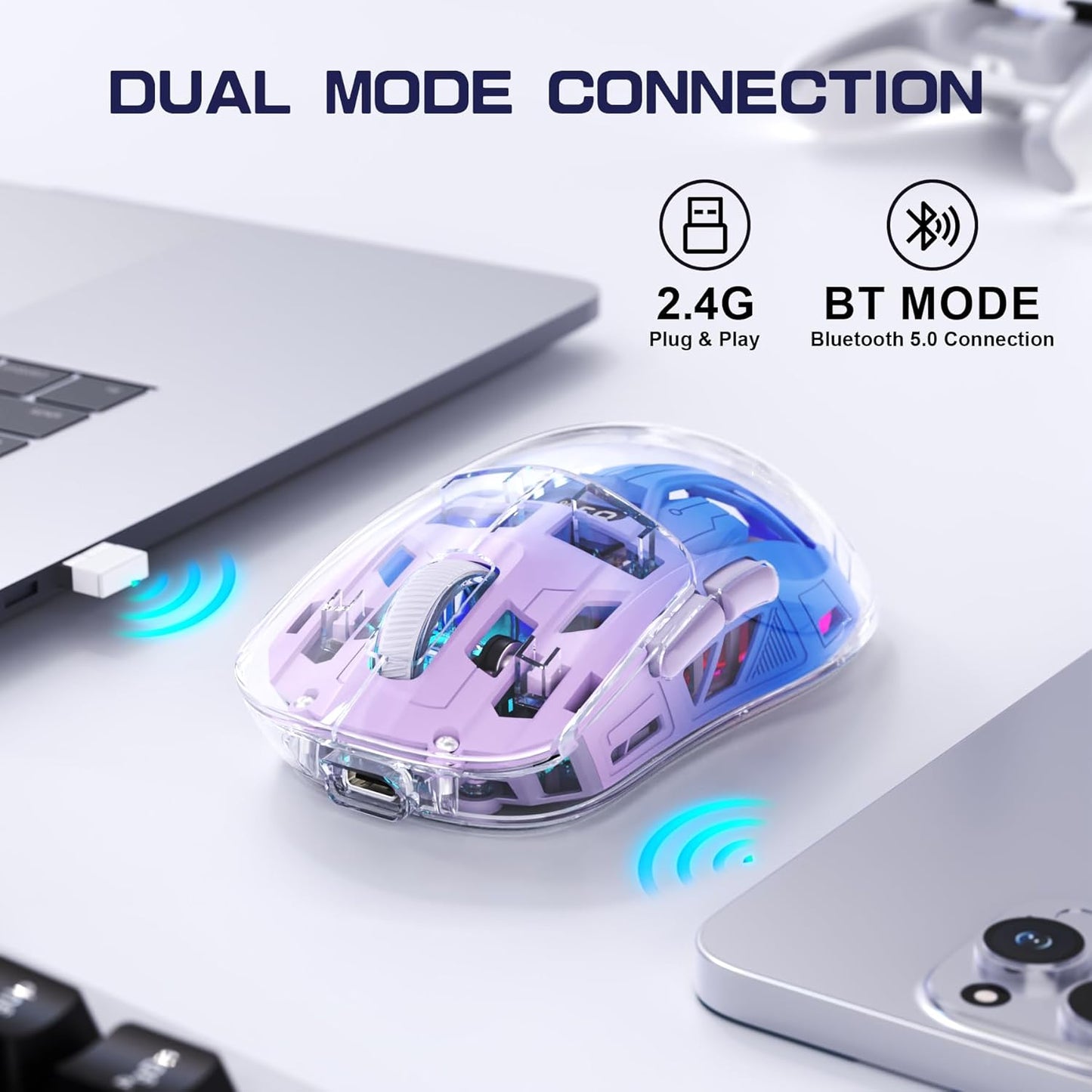 A2 Transparent RGB Wireless Gaming Mouse, BT , 2.4G, Digital Display, Rechargeable, PixArt Sensor, Adjustable DP