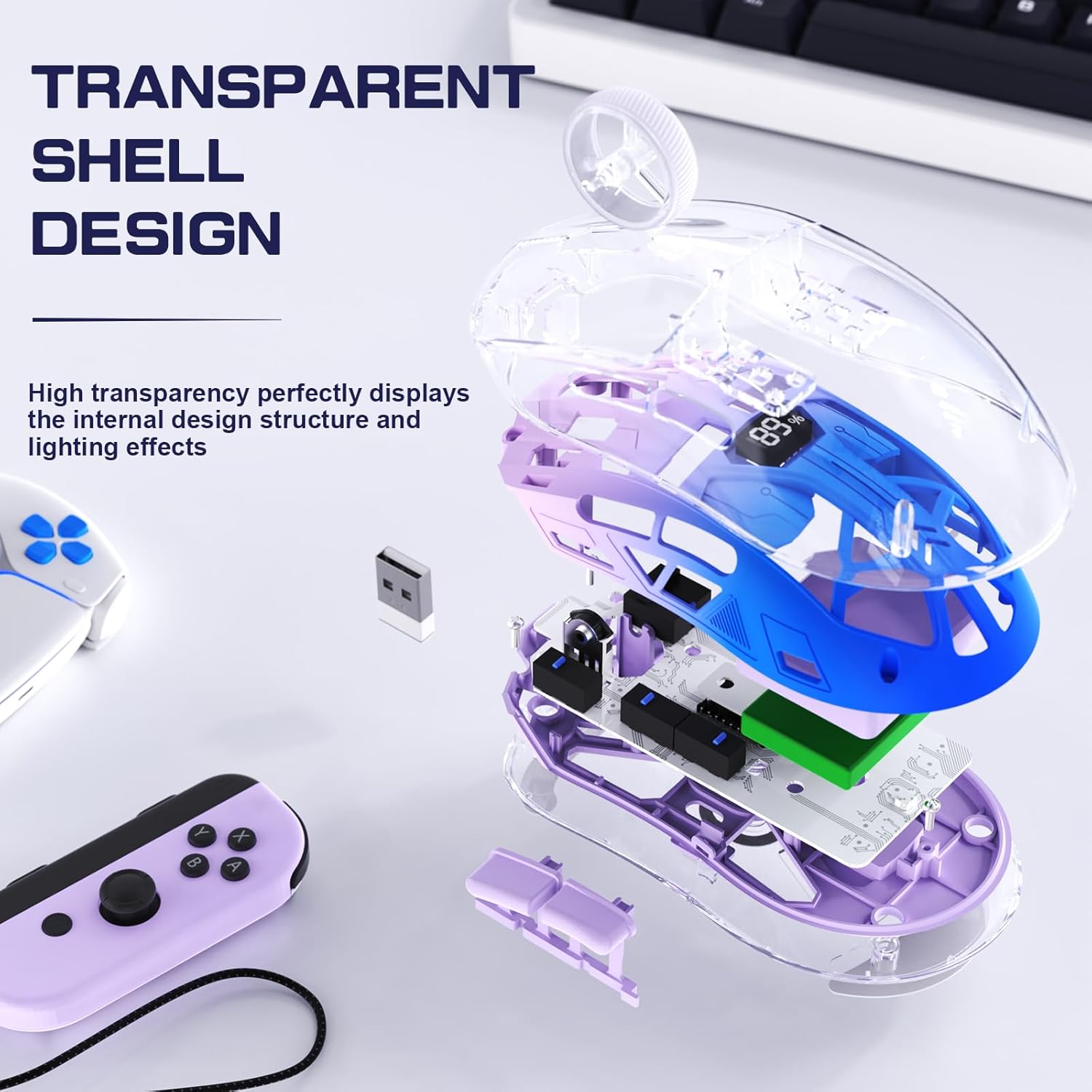 A2 Transparent RGB Wireless Gaming Mouse, BT , 2.4G, Digital Display, Rechargeable, PixArt Sensor, Adjustable DP