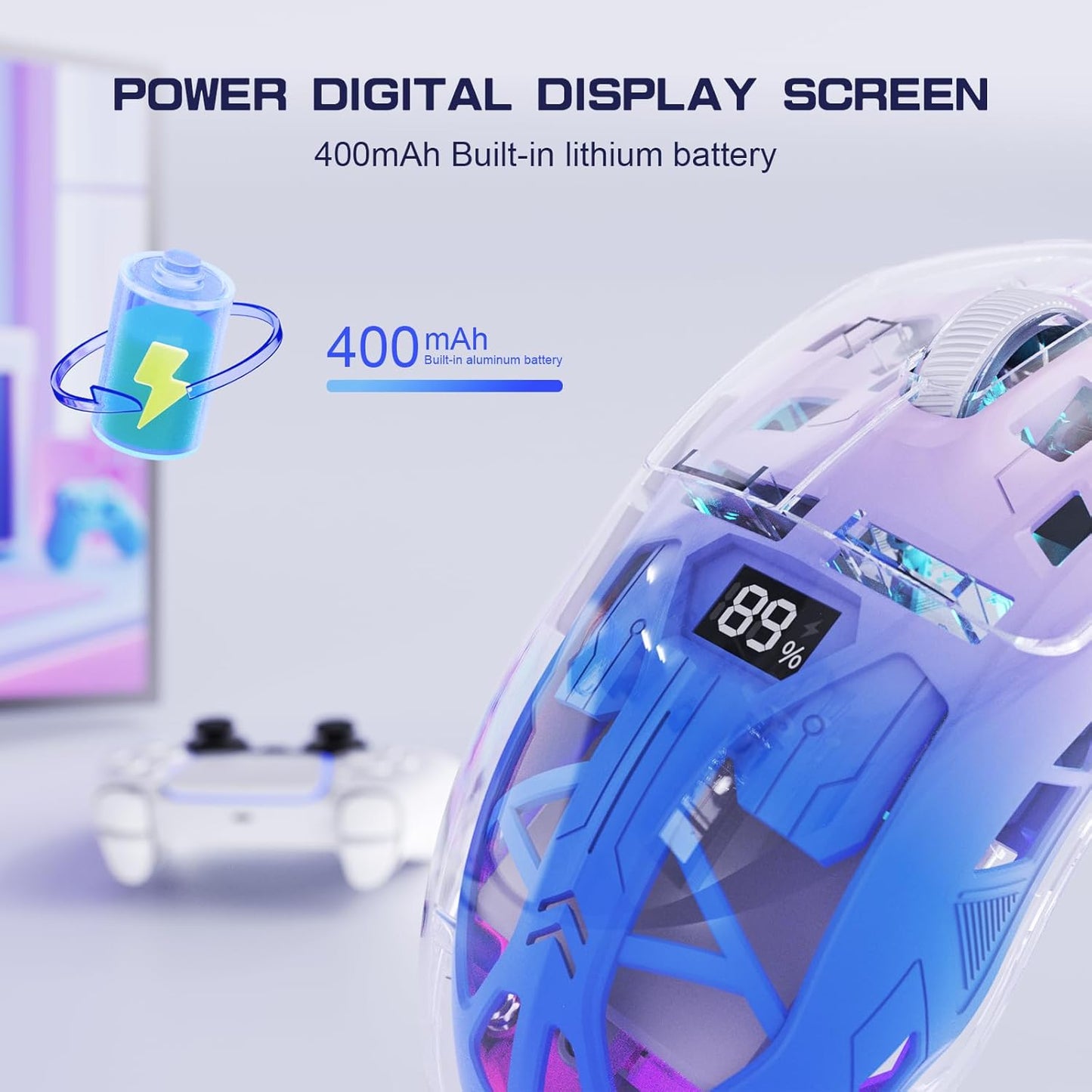 A2 Transparent RGB Wireless Gaming Mouse, BT , 2.4G, Digital Display, Rechargeable, PixArt Sensor, Adjustable DP