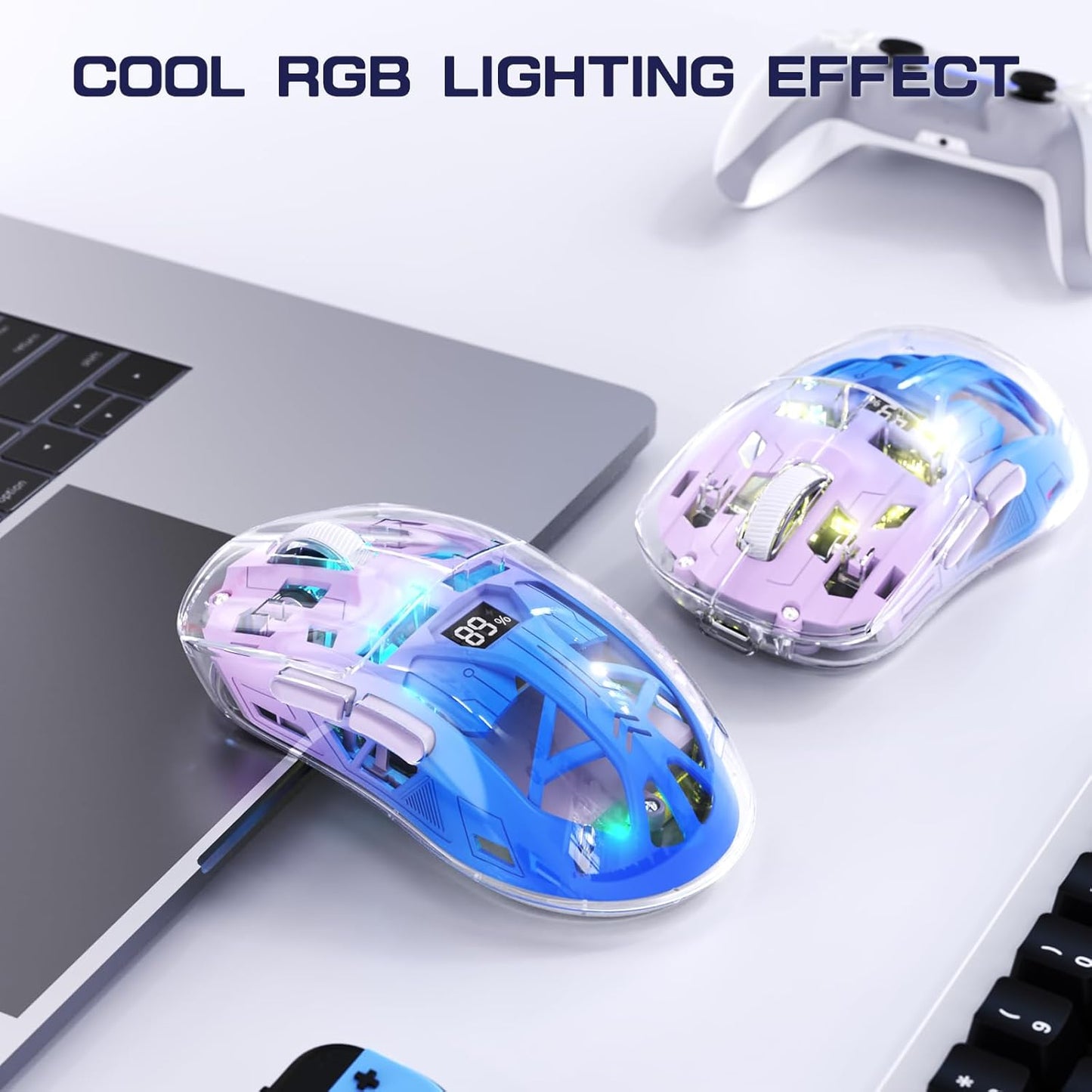 A2 Transparent RGB Wireless Gaming Mouse, BT , 2.4G, Digital Display, Rechargeable, PixArt Sensor, Adjustable DP