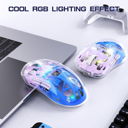 A2 Transparent RGB Wireless Gaming Mouse, BT , 2.4G, Digital Display, Rechargeable, PixArt Sensor, Adjustable DP