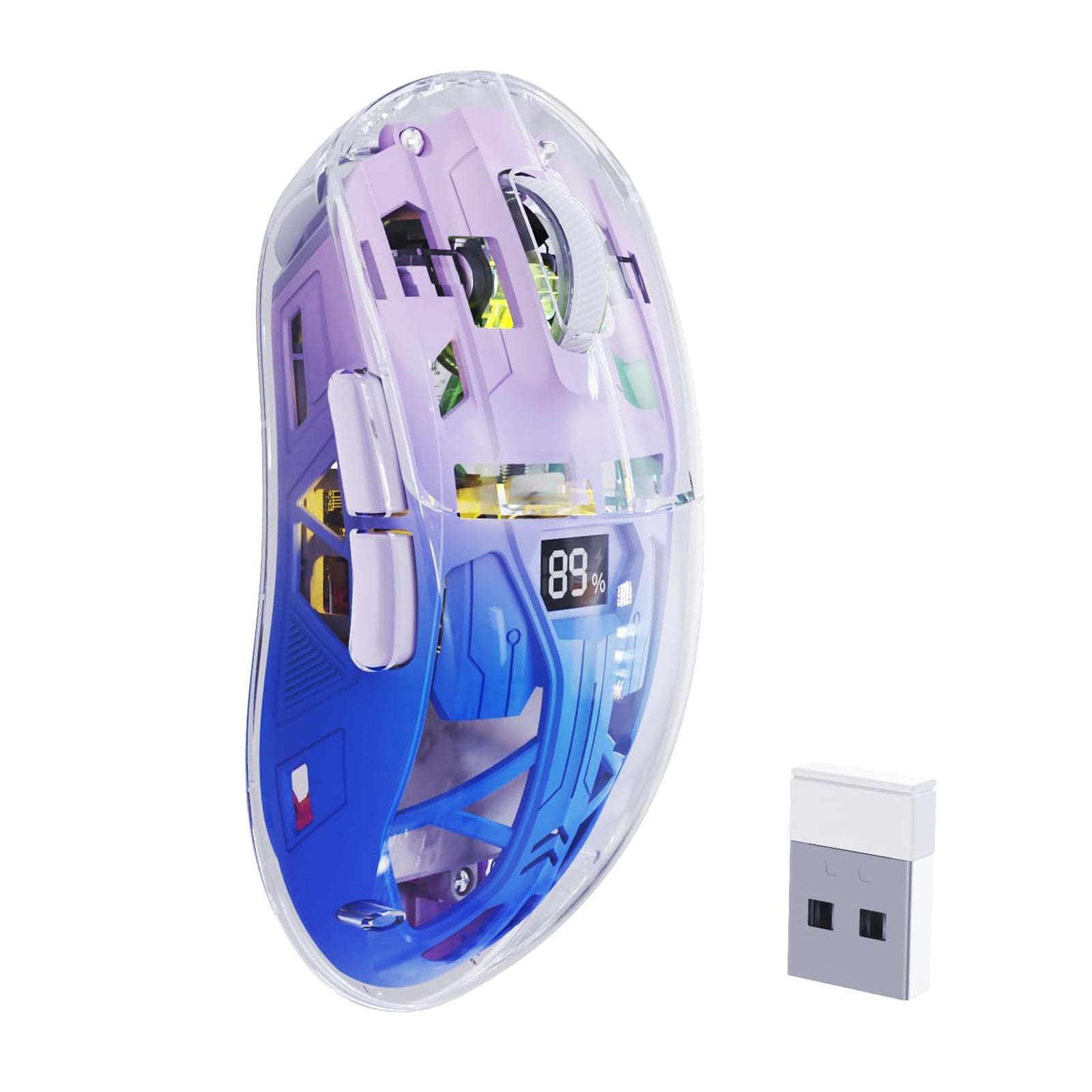 A2 Transparent RGB Wireless Gaming Mouse, BT , 2.4G, Digital Display, Rechargeable, PixArt Sensor, Adjustable DP