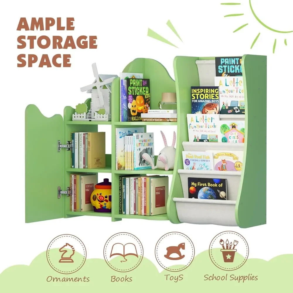 Children Treehouse Bookcase & Toy Storage, Green Kids Book Shelf for Toddler Rooms, Baby Bookshelf with Doors