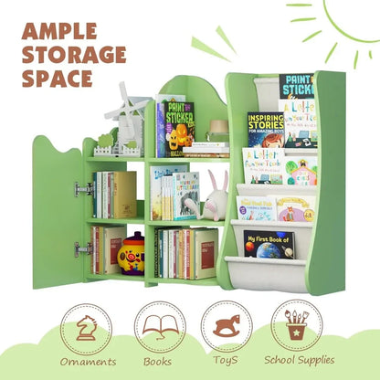 Children Treehouse Bookcase & Toy Storage, Green Kids Book Shelf for Toddler Rooms, Baby Bookshelf with Doors