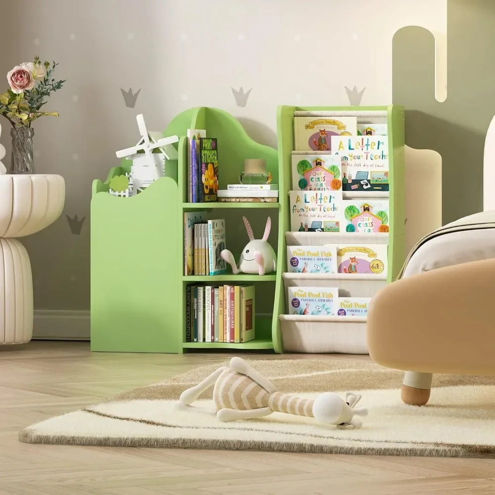 Children Treehouse Bookcase & Toy Storage, Green Kids Book Shelf for Toddler Rooms, Baby Bookshelf with Doors