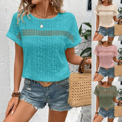 Womens Summer Casual Short Sleeve Blouse Loose Fit Hollow Out Solid Color Lightweight Shirt Top