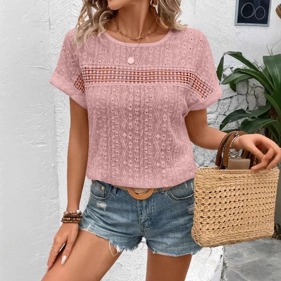 Womens Summer Casual Short Sleeve Blouse Loose Fit Hollow Out Solid Color Lightweight Shirt Top 2