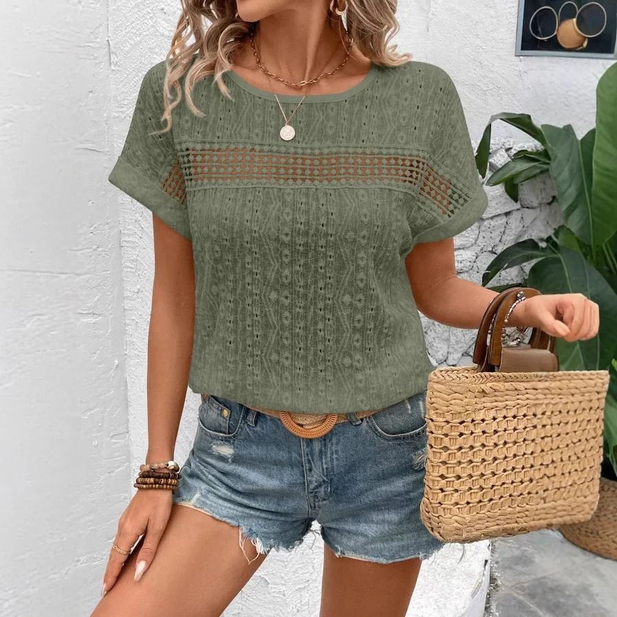 Womens Summer Casual Short Sleeve Blouse Loose Fit Hollow Out Solid Color Lightweight Shirt Top 6