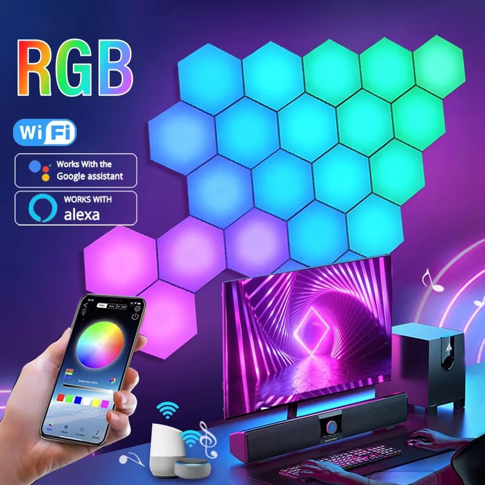 RGB Smart Hexagonal Wall Light Panels – Music Sync, App Control & DIY Layout for Ambient Lighting