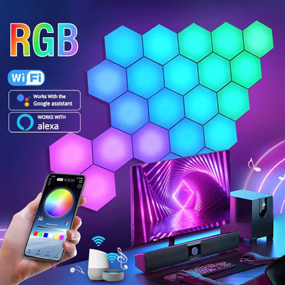 RGB Smart Hexagonal Wall Light Panels – Music Sync, App Control & DIY Layout for Ambient Lighting