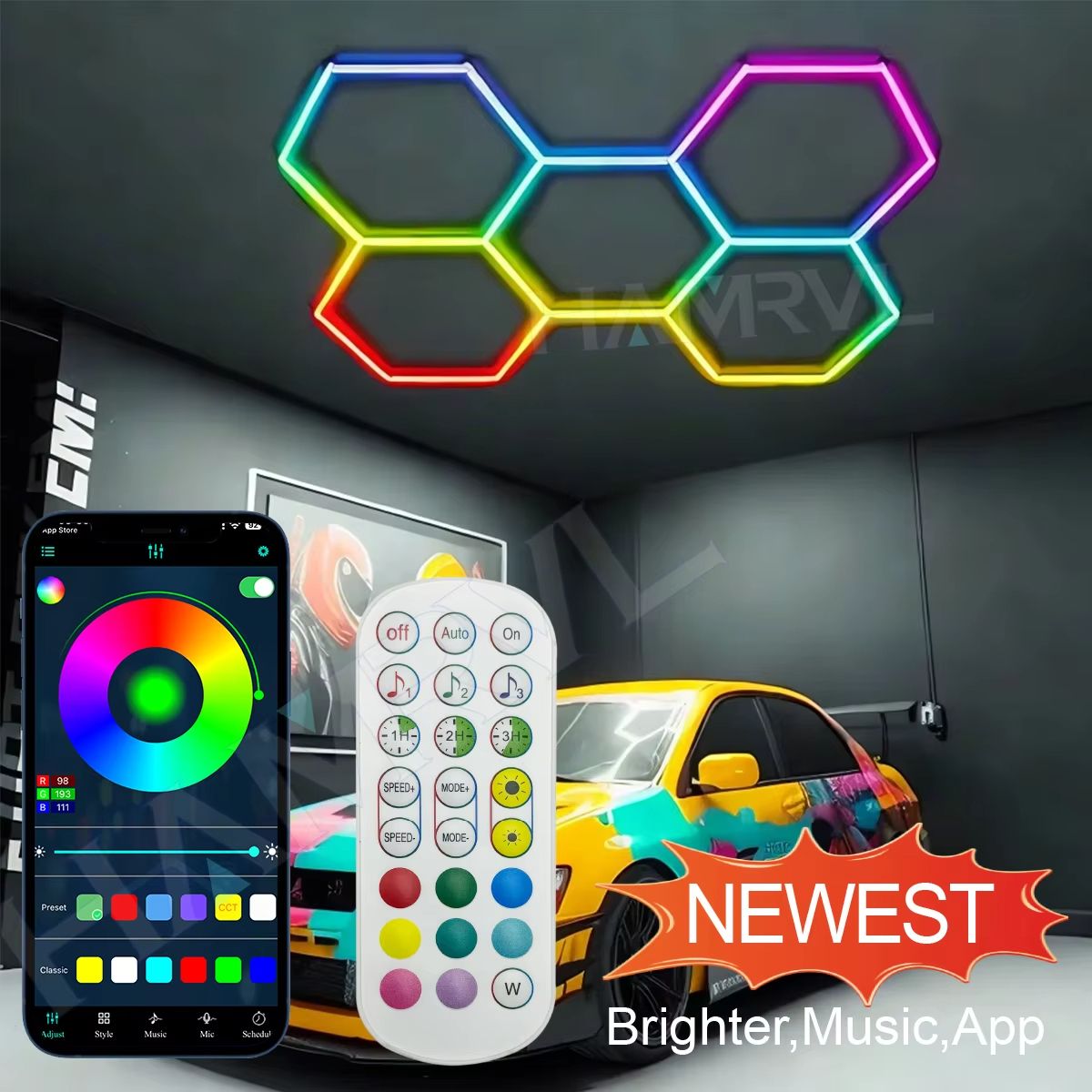 RGB Hexagon LED Garage Ceiling Light – Music Sync Panel Lighting for Gym, Game Room & Events