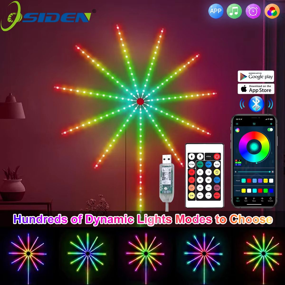 RGBIC Firework LED Strip Lights – Bluetooth App Controlled Neon Light with USB Power and Music Sync for Bedroom Decor