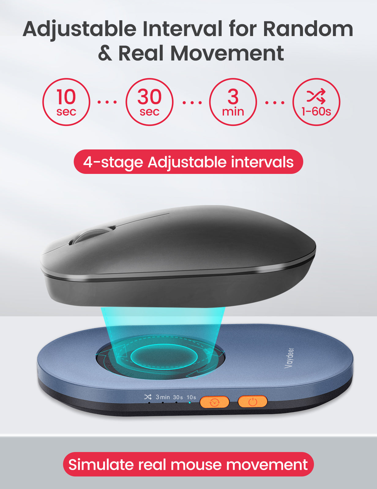 Vaydeer Mouse Jiggler with Power Adapter, ON Off Switch Mouse Mover, Driver Free Undetectable Movement Device