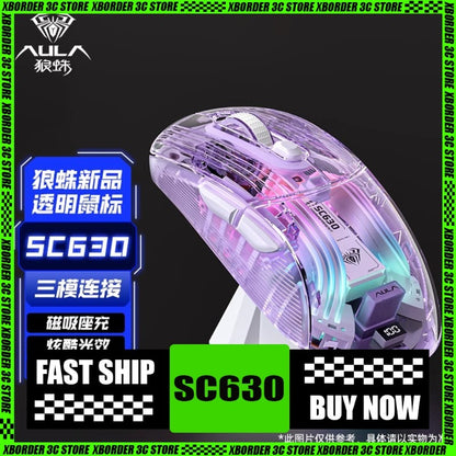 Transparent Gaming Mouse, 3Mode Wireless Bluetooth, Light Sound Mouse with Charging Base for Laptop PC