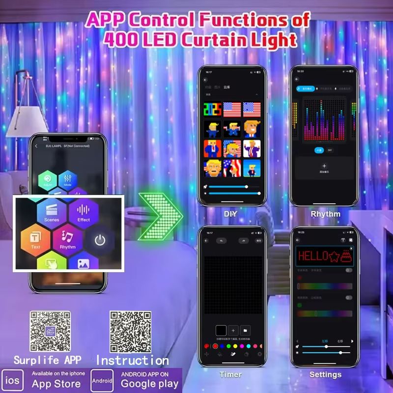 Smart 400 LED Music Sync Curtain Fairy Lights  App Remote RGB Color Changing Curtain Lights 1